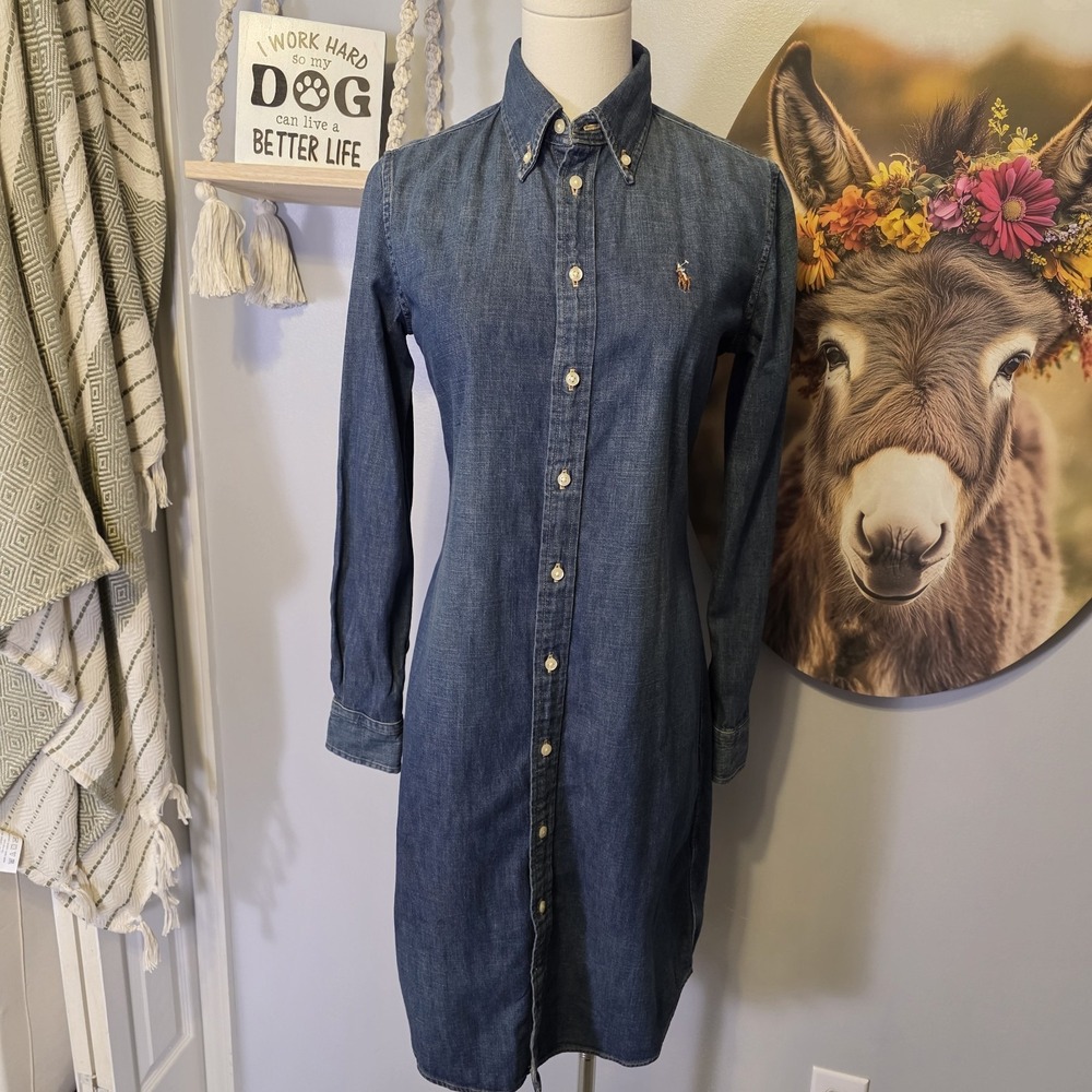 Polo Ralph Lauren Blue Denim Shirt Dress Size XS Country Western Cottage Core